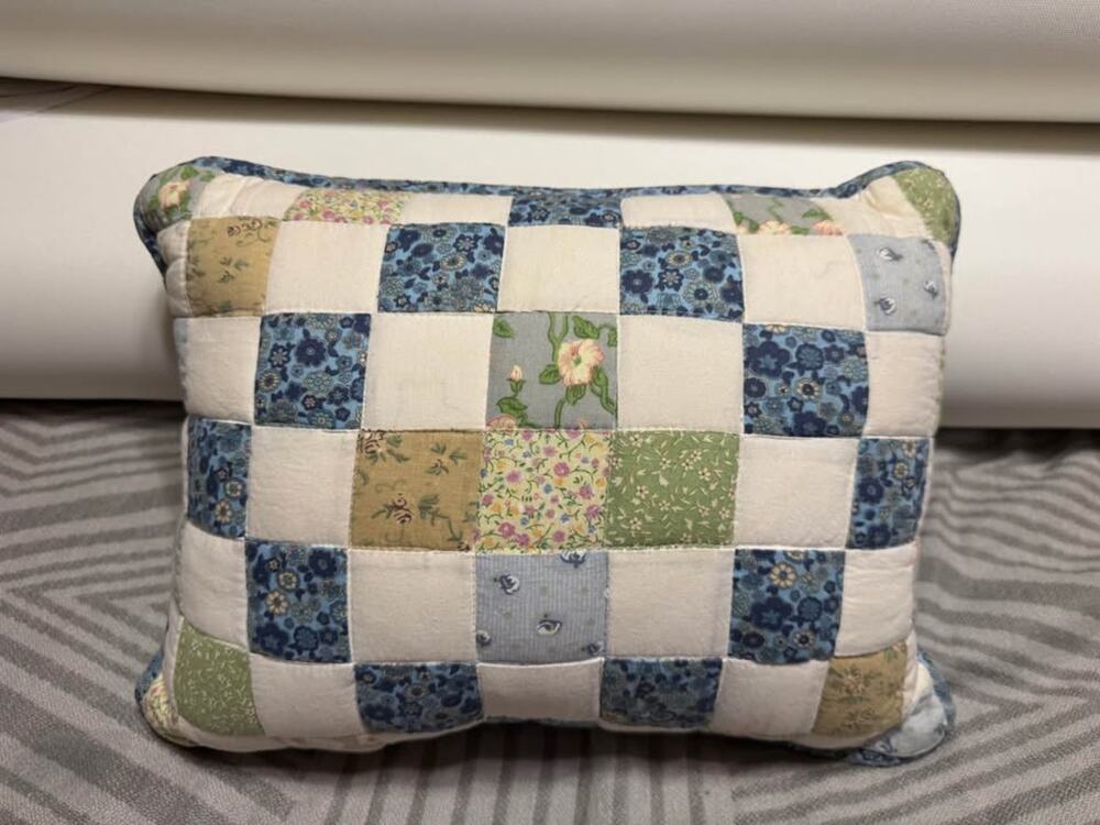 Vintage Patchwork Quilt Throw Pillow Blue Floral Country Cottagecore Farmhouse